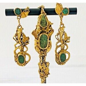 Gold P Bronze Jade Inlay Bracelet n Earrings Set Abstract Modernist Artisan Made